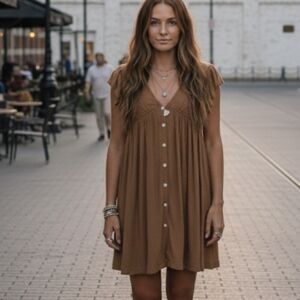 Pull & Bear 100% viscose Babydoll boho v neck Dress brown small E